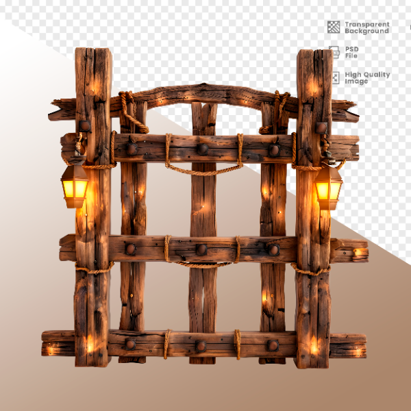 CERCA DE MADEIRA COM LUZ - ELEMENTO 3D PARA COMPOSIÇÃO - WOOD