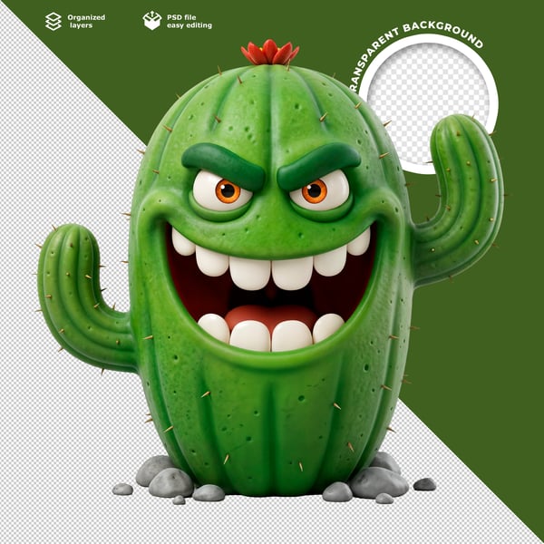 3D CARTOON ANGRY CACTUS CHARACTER WITH SHARP TEETH AND RED CROWN FUNNY