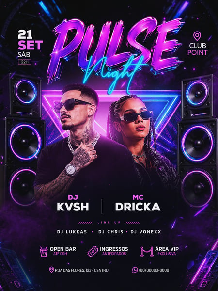 Pulse Night Festa de Setembro com DJs Flyer Neon PSD Editável