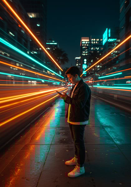 JOVEM USANDO SMARTPHONE EM RUA URBANA NOTURNA COM TRILHAS DE LUZ NEON E VELOCIDADE