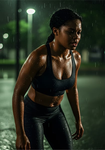 Mulher negra jovem, com roupas fitness, respirando fundo após esforço físico intenso.
