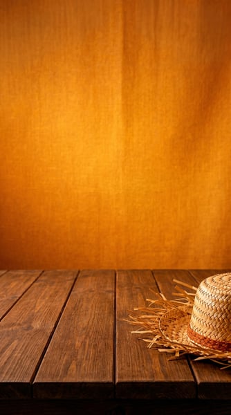 Mesa de madeira e chapéu de palha caipira festa junina e sâo joão 01
