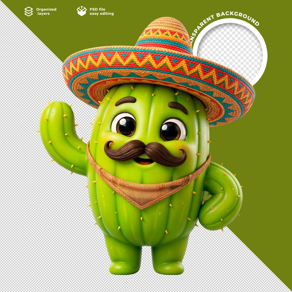 3D CUTE CACTUS CHARACTER WITH SOMBRERO AND MUSTACHE FUN MASCOT