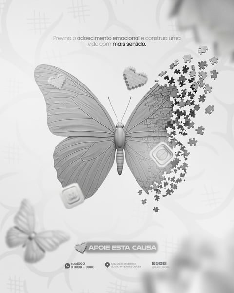 FLYER CAMPANHA PREVENO ADOECIMENTO EMOCIONAL BORBOLETA PUZZLE CINZA
