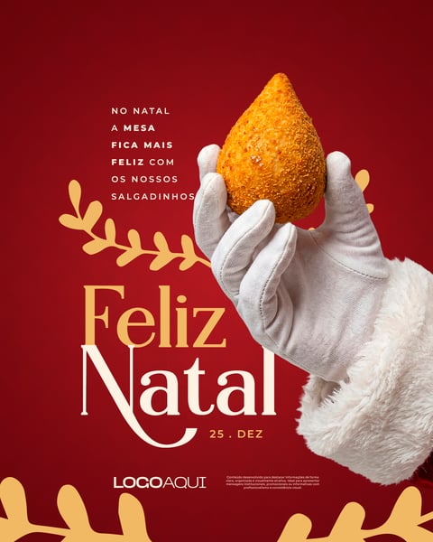 FELIZ NATAL SALGADINHO NA MÃO DE PAPAI NOEL SOCIAL MEDIA FLYER PSD EDITÁVEL