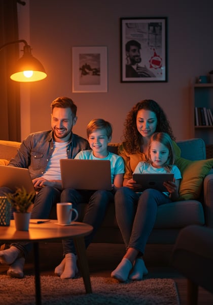 FAMÍLIA FELIZ USANDO LAPTOPS E TABLET JUNTOS NO SOFÁ EM CASA NOITE