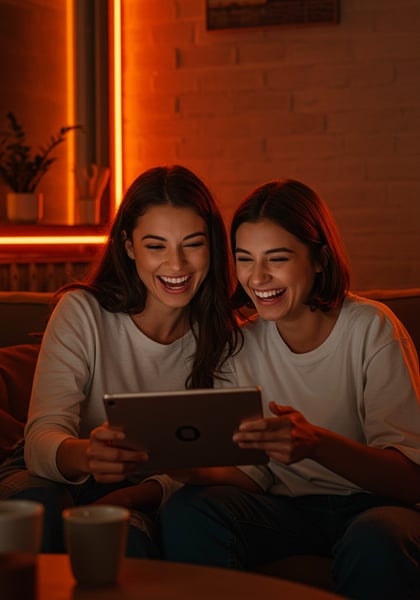 DUAS AMIGAS RINDO E ASSISTINDO CONTÉDO NO TABLET EM CASA NOITE COM LUZ NEON