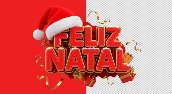 SELO 3D FELIZ NATAL COM GORRO DE NATAL PRESENTE E FITAS PNG TRANSPARENTE 2