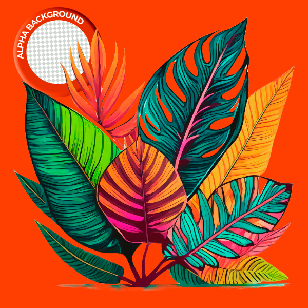 ELEMENTO FOLHAS TROPICAIS COLORIDAS PARA COMPOSIÇÃO PNG TRANSPARENTE SEM FUNDO