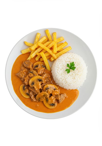 PRATO DE ESTROGONOFE COM BATATA FRITA E ARROZ