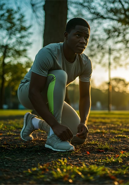 Homem negro jovem, com roupas esportivas, agachado, amarrando os tênis.