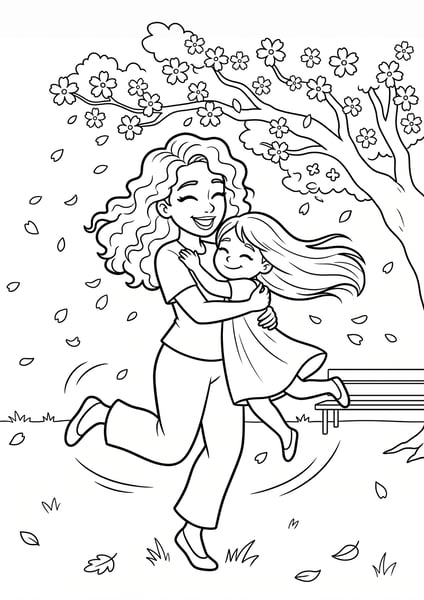 IMAGEM PARA PINTURA MÃE E FILHA ABRAÇADAS FELIZES SOBRE UM JARDIM EM A4
