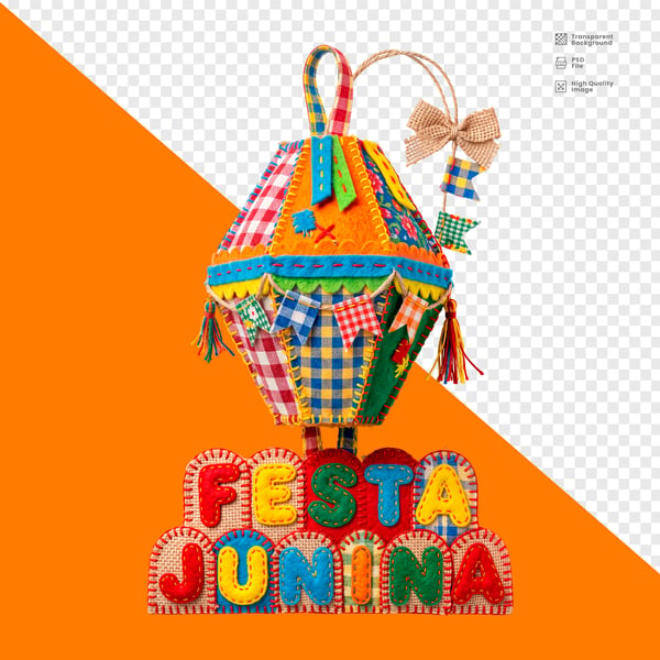 BALOON FESTA JUNINA FELTRO PATCHWORK LARANJA LETRAS COLORIDAS DECORATIVO PNG TRANSPARENTE
