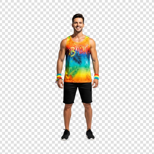 HOMEM COM ABADÁ DE CARNAVAL USANDO RAYBAN 4