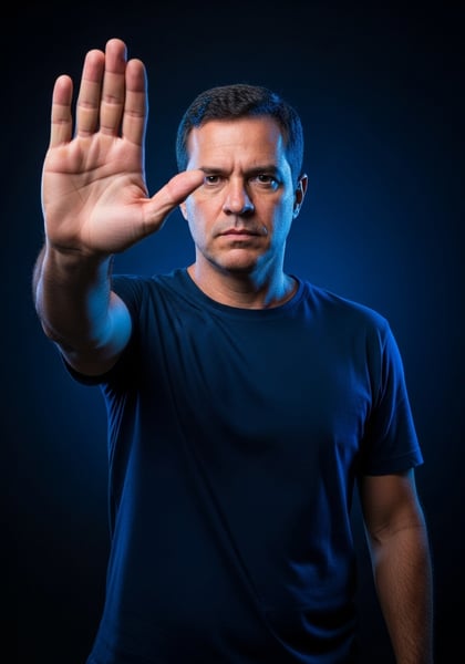 HOMEM SRIO FAZENDO GESTO DE PARAR COM A MÃO ABERTA CONCEITO DE AVISO PROIBIDO OU RECUSA COM ILUMINAÇÃO AZUL