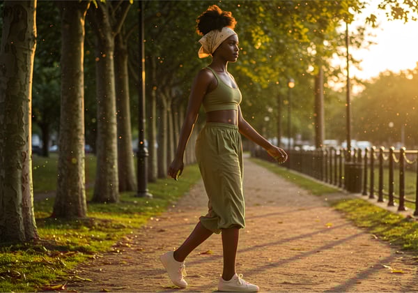 Mulher negra jovem, com roupa fitness, caminhando de forma confiante e serena.