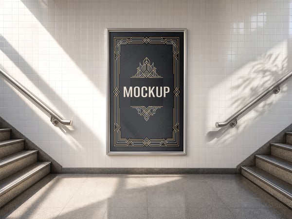 POSTER EMOLDURADO MOCKUP ENTRE ESCADAS PAREDE REVESTIDA