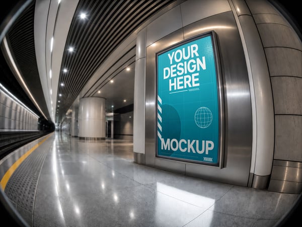 POSTER EMOLDURADO MOCKUP NA PLATAFORMA DE METRO LENTE ANGULAR