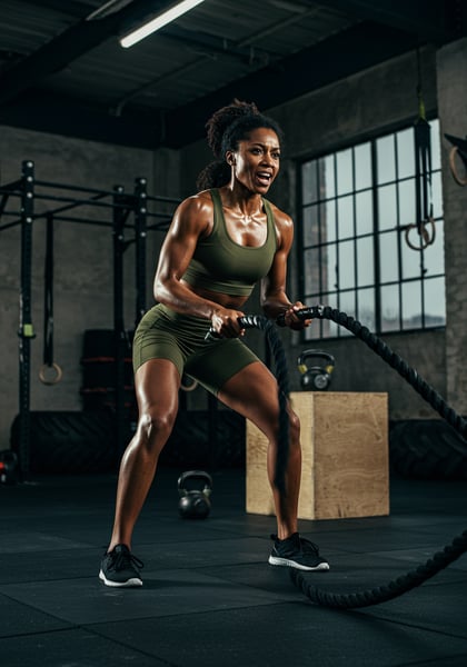 MULHER ATLETICA FITNESS TREINANDO INTENSAMENTE COM CORDAS NAVAIS EM ACADEMIA MODERNA TREINO DE FORA E DETERMINAÇÃO