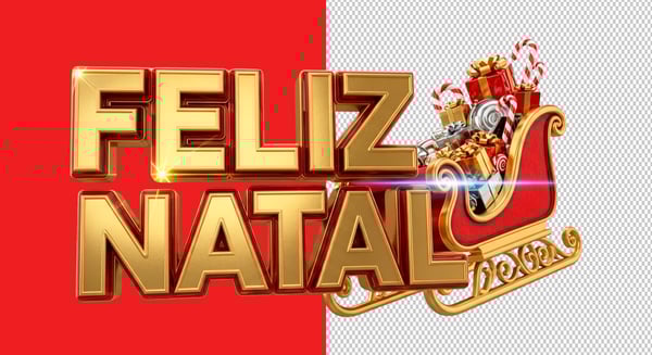 SELO 3D FELIZ NATAL EM 3D COM TRENÓ E PRESENTES PNG TRANSPARENTE