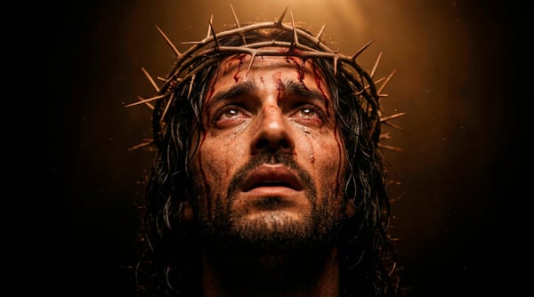 IMAGEM DE CRISTO COM COROA DE ESPINHOS SANGRANDO E CHORANDO PARA COMPOSIÇÃO