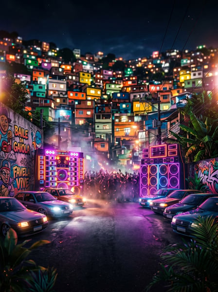 FOTO BAILE FAVELA NOITE LUZES NEON CARROS GRAFFITI