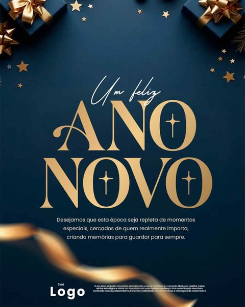 Feliz Ano Novo, Celebração Festiva Com Estrelas E Presentes Dourados Social Media PSD Editável