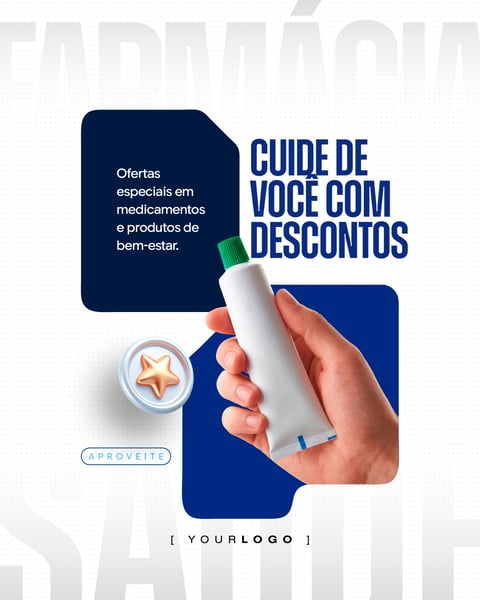 CUIDE DE VOCÊ COM DESCONTOS FARMÁCIA E DROGARIA SOCIAL MEDIA PSD EDITÁVEL