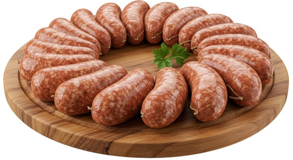 GOMOS DE LINGUIÇA DISPOSTOS EM CÍRCULO SOBRE PRATO DE MADEIRA