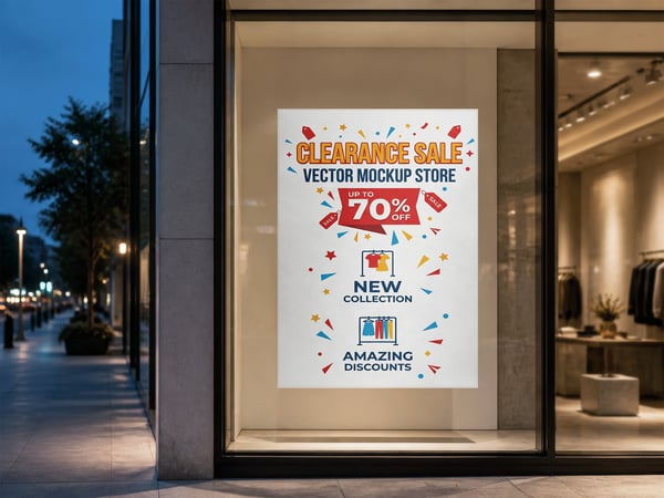 POSTER MOCKUP EM VITRINE DE LOJA VISTA FRONTAL