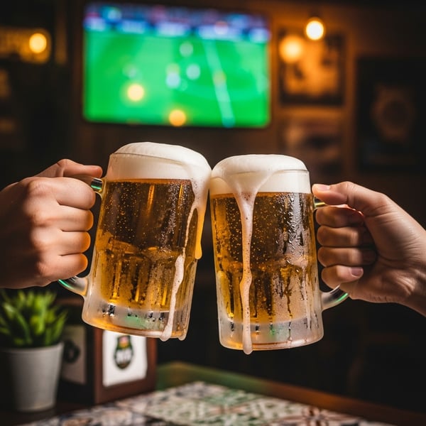 Amigos brindando com canecas de cerveja durante jogo de futebol no bar