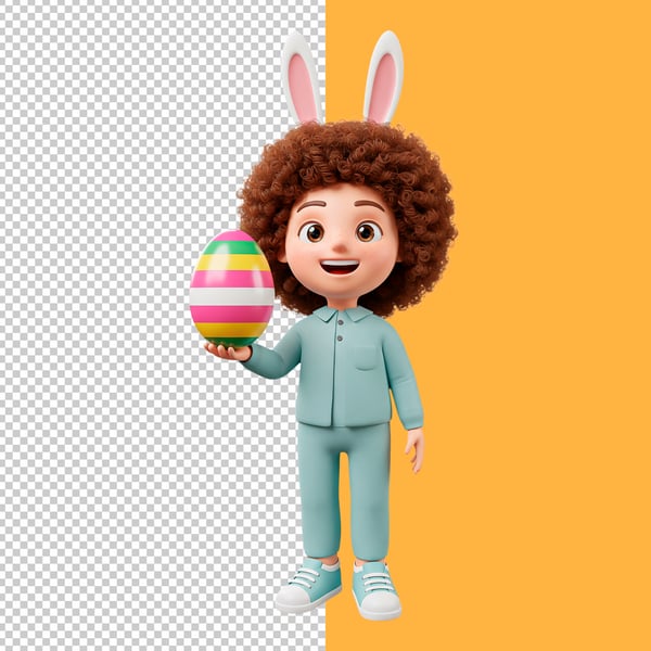 LYW PERSONAGEM 3D CRIANÇA SEGURANDO OVO DE CHOCOLATE NA MÃO FELIZ PSD EDITÁVEL 2