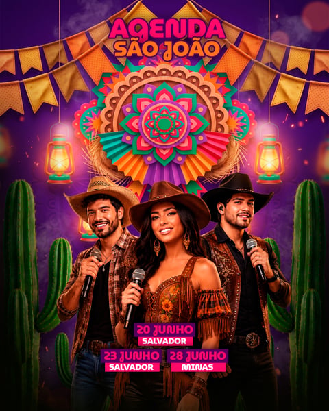 Agenda São João com Trio Sertanejo Cactos e Decoração Junina Colorida