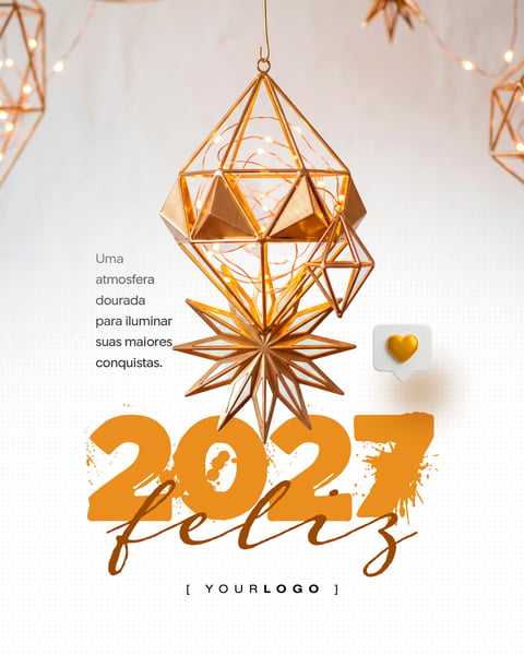Feliz 2027 LUMINÁRIA DOURADA SOCIAL MEDIA PSD EDITÁVEL