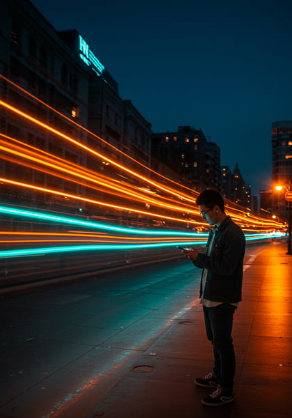 JOVEM USANDO SMARTPHONE NA CIDADE NOITE COM RASTROS DE LUZES DE TRÁFEGO NEON VIDA URBANA TECNOLOGIA E VELOCIDADE