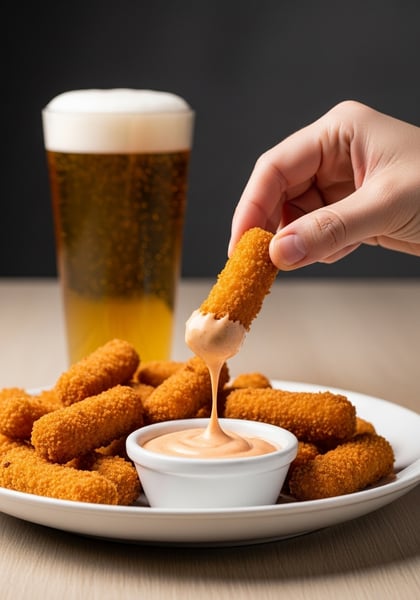 Mão mergulhando stick de queijo em molho com cerveja ao fundo