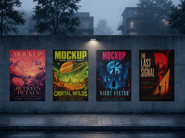 Quatro POSTERS MOCKUP EM MURO URBANO RUA AO FUNDO