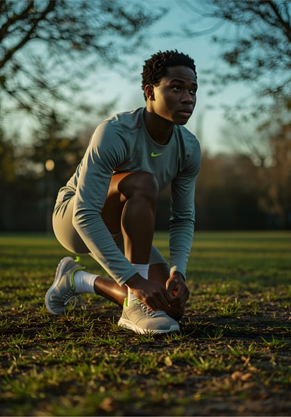Homem negro jovem, com roupas esportivas, agachado, amarrando os tênis.