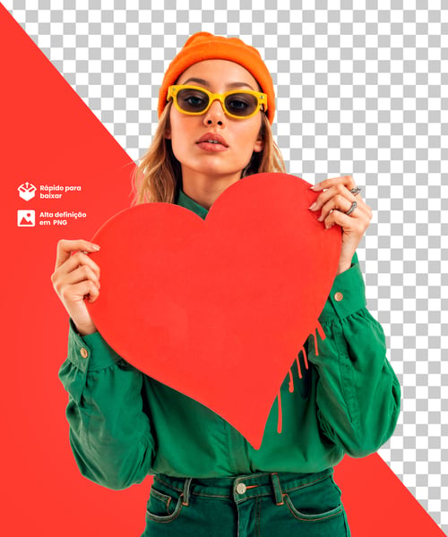 IMAGEM SEM FUNDO DE UMA MULHER SEGURANDO CORAÇÃO VERMELHO ELEMENTO PARA COMPOSIÇÃO PNG - DIA DOS NAMORADOS