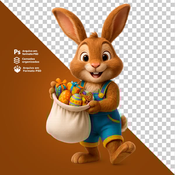 FVO COELHO OFERECENDO SACO ABERTO CHEIO DE OVOS E BRINDES ELEMENTO 3D PNG