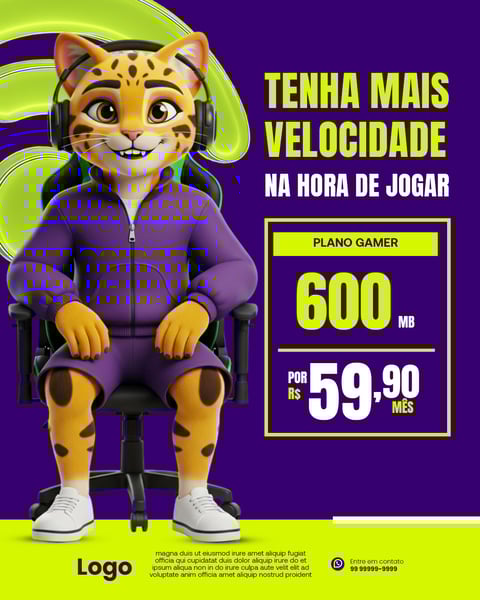 Mascote Gamer Felino Com Fones De Ouvido Em Cadeira, Internet De Alta Velocidade Para Jogos Online Social Media PSD Editável