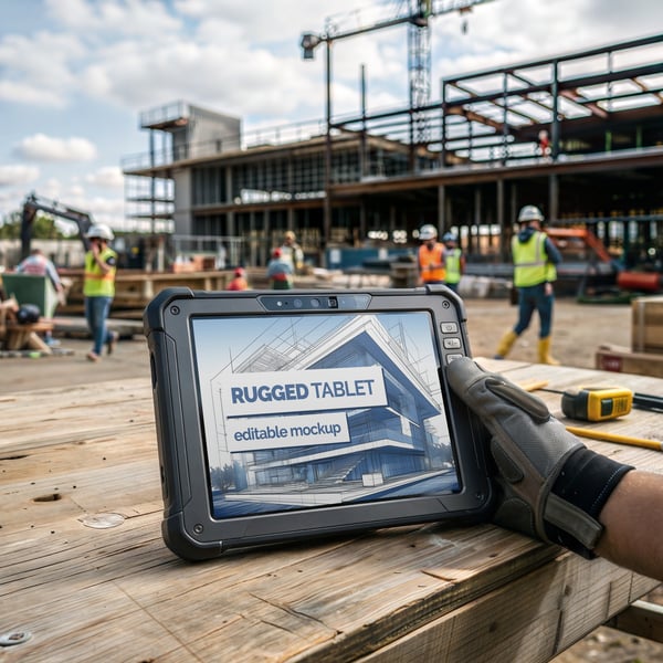 TABLET EM UMA ÁREA DE CONSTRUÇÃO PSD EDITÁVEL MOCKUP