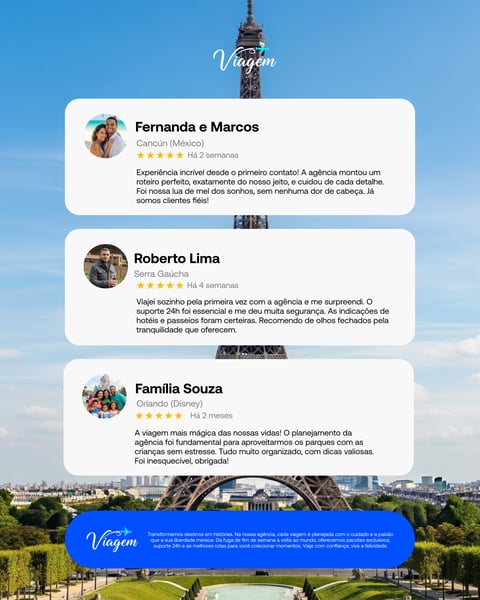 Depoimentos Clientes Felizes: Agência De Viagens, Destinos Dos Sonhos, Torre Eiffel Social Media PSD Editável