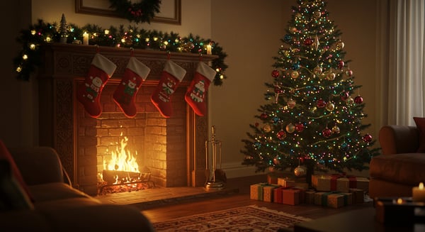 IMAGEM DE LAREIRA DECORADA NATAL E ÁRVORE DE NATAL PARA COMPOSIÇÃO