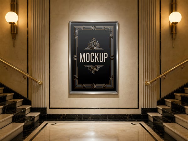 POSTER EMOLDURADO MOCKUP ENTRE ESCADAS HALL COM ARANDELAS