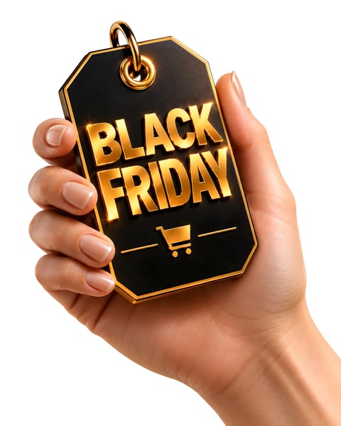 MÃO SEGURANDO CARTÃO BLACK FRIDAY DOURADO