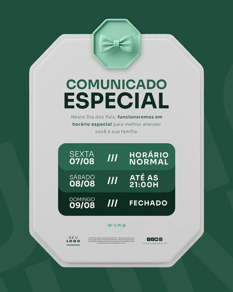 COMUNICADO IMPORTANTE DIA DOS PAIS AVISO HORÁRIO FUNCIONAMENTO SOCIAL MEDIA PSD EDITÁVEL 4