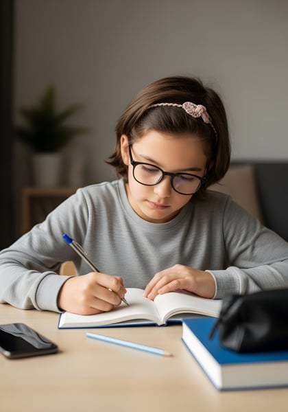 10 Uma criança focada nos estudos e um celular desligado ao lado 01