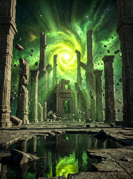 RUÍNAS ANTIGAS ABANDONO PORTAL MÍSTICO VERDE NOITE ESTRELADA