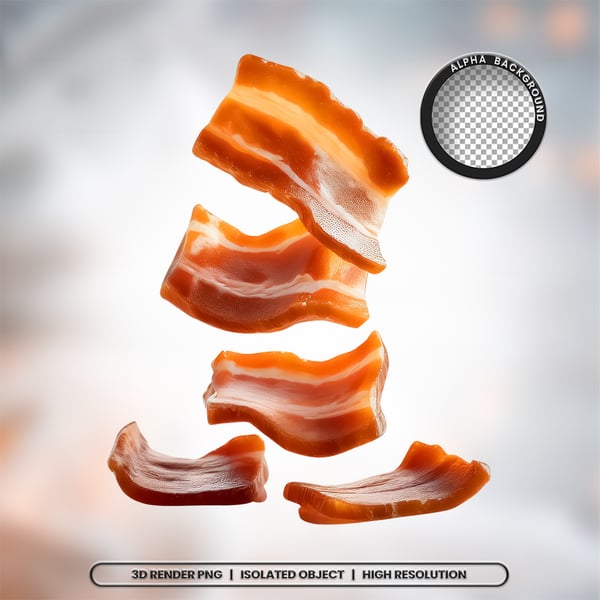 3D RENDER FATIAS PEDAÇOS DE BACON CARNE ELEMENTO ÍCONE PSD PNG